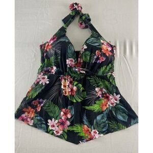 W SWIM Floral Tropical Tankini Top Womens Med Padded Bra Black/Pink Halter